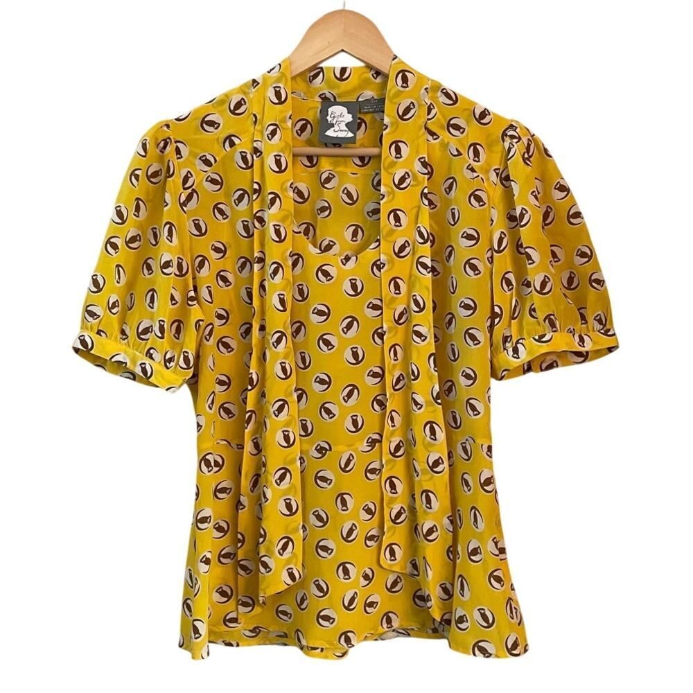 Anthropologie Girls From Savoy Lemon‎ Liftoff Owl Print Silk Blouse Sz 6P